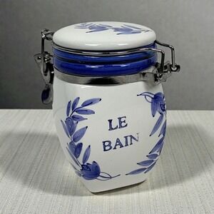 California Pantry Le Bain Ceramic Bathroom Jar Canister Blue White Floral Decor